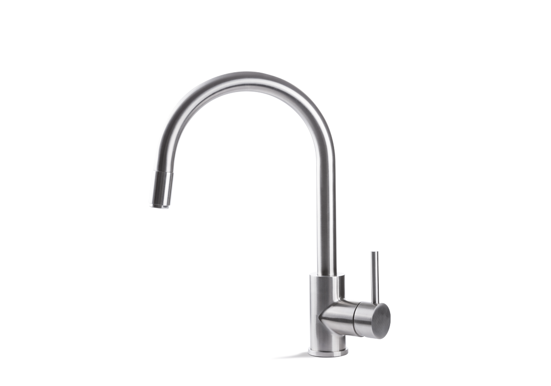VEMA TIBER STEEL KITCHEN V18040- Miscelatore INOX monocomando per lavello con canna tonda girevole acciaio e doccetta estraibile.