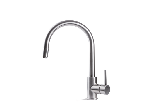 VEMA TIBER STEEL KITCHEN V18040- Miscelatore INOX monocomando per lavello con canna tonda girevole acciaio e doccetta estraibile.
