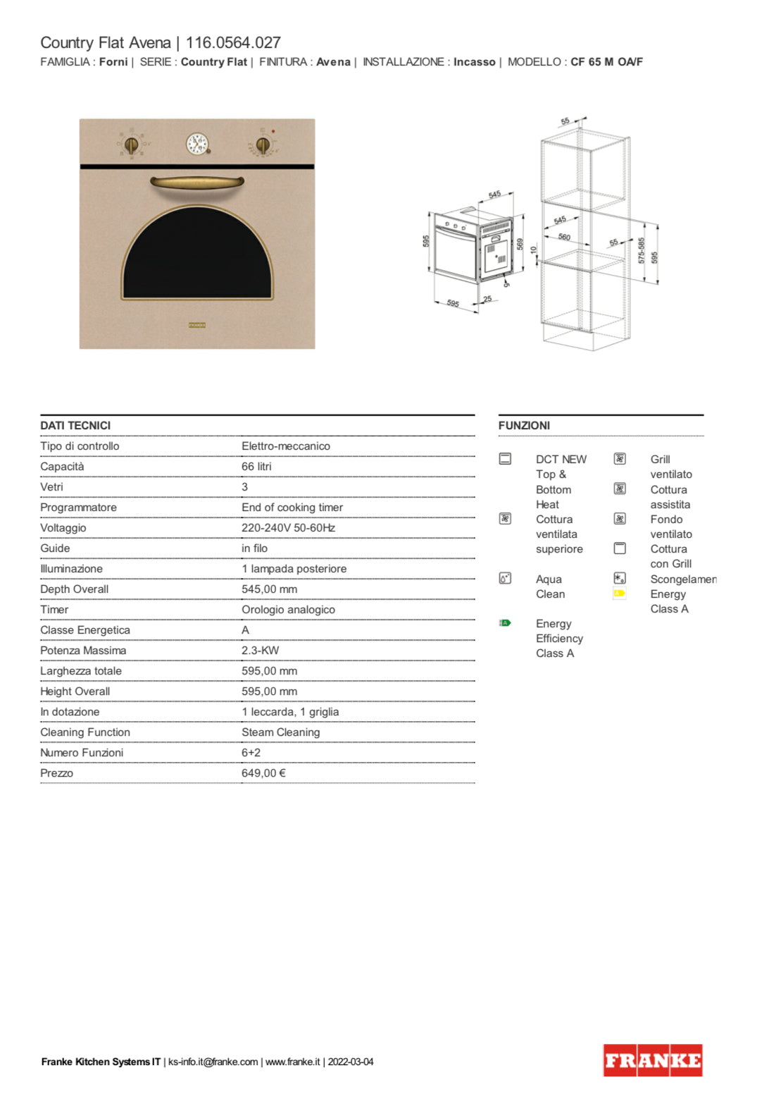 FRANKE CF 65 M OA/F - 116.0564.027 - FORNO ELETTRICO DA INCASSO 66LT - AVENA