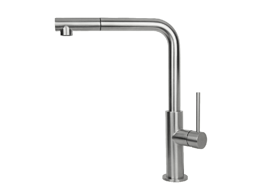 VEMA ROY KITCHEN V31025- Miscelatore INOX monocomando per lavello con canna “L” girevole e doccetta estraibile.